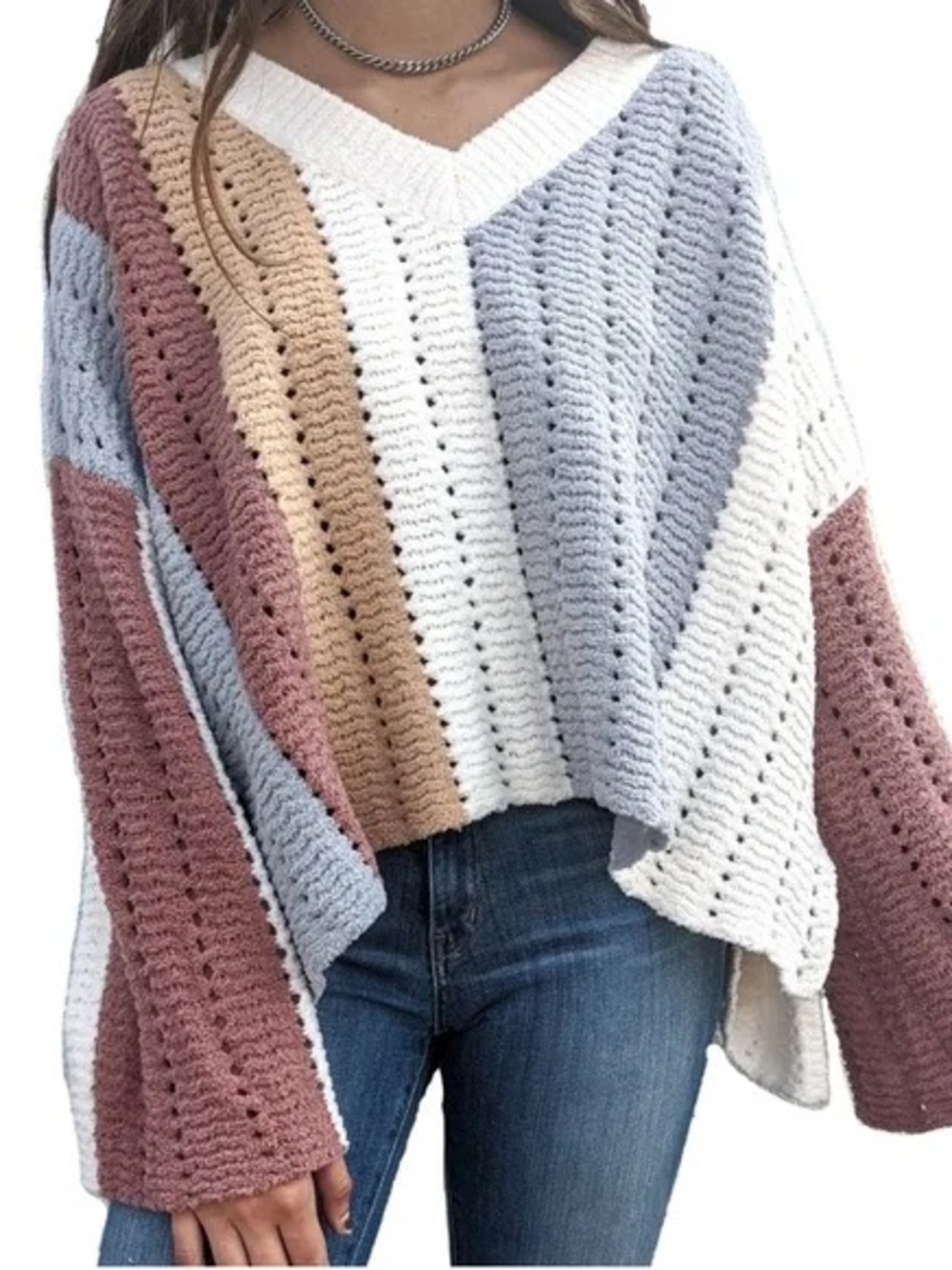 POL Striped V-Neck Crochet Sweater in Cream, Gray & Mustard